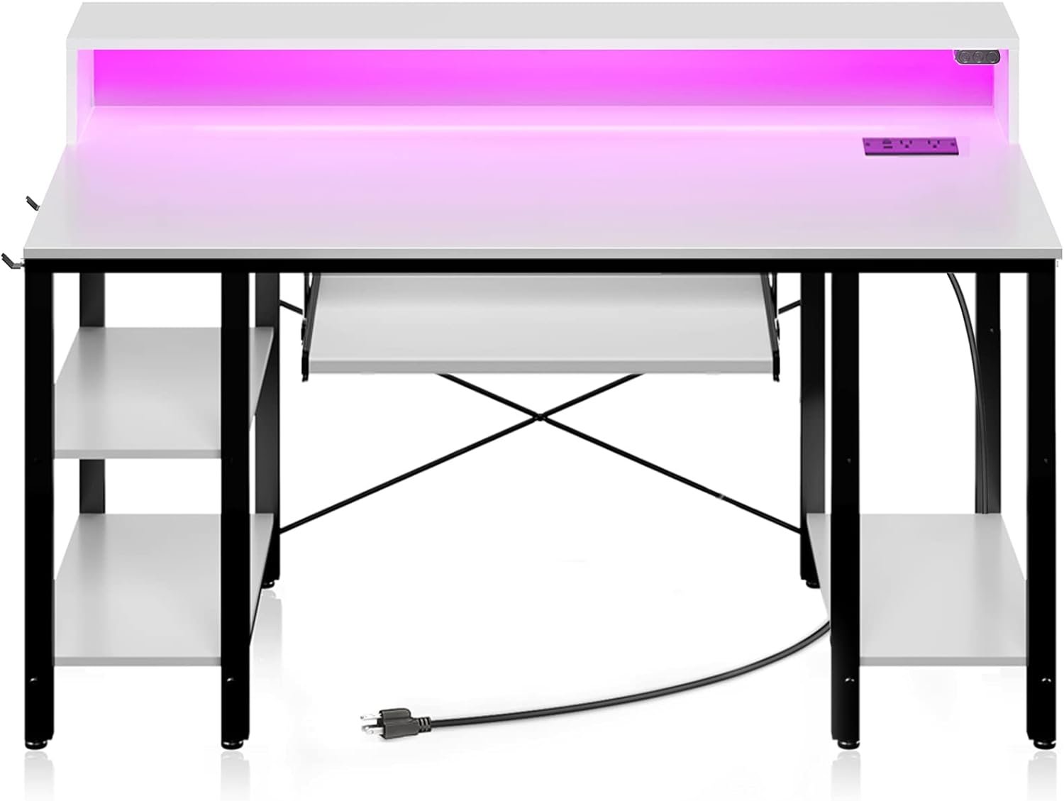 Rolanstar Computer Desk 47" with LED Lights & Power Outlets - Perfect for Gamers and Office Use, White