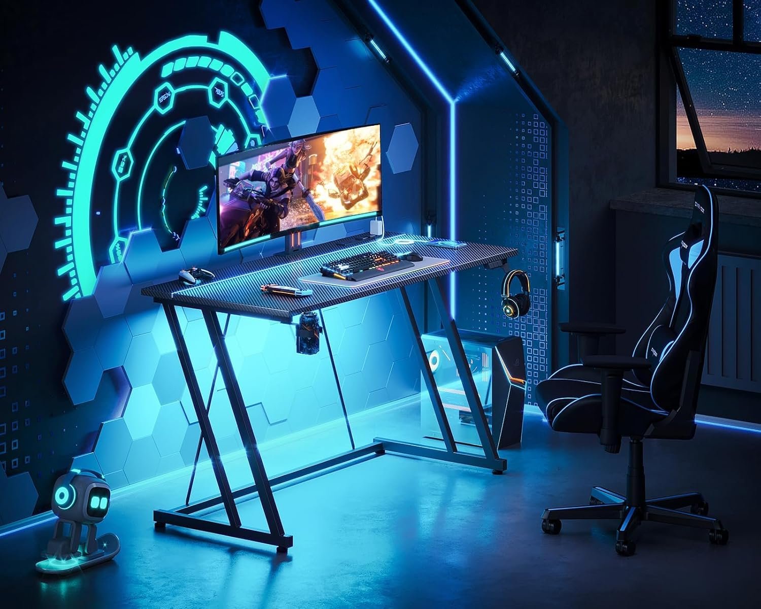 MOTPK Small Gaming Desk with LED Lights & Power Outlet, Computer Desk 31.5inch for Small Space, Black