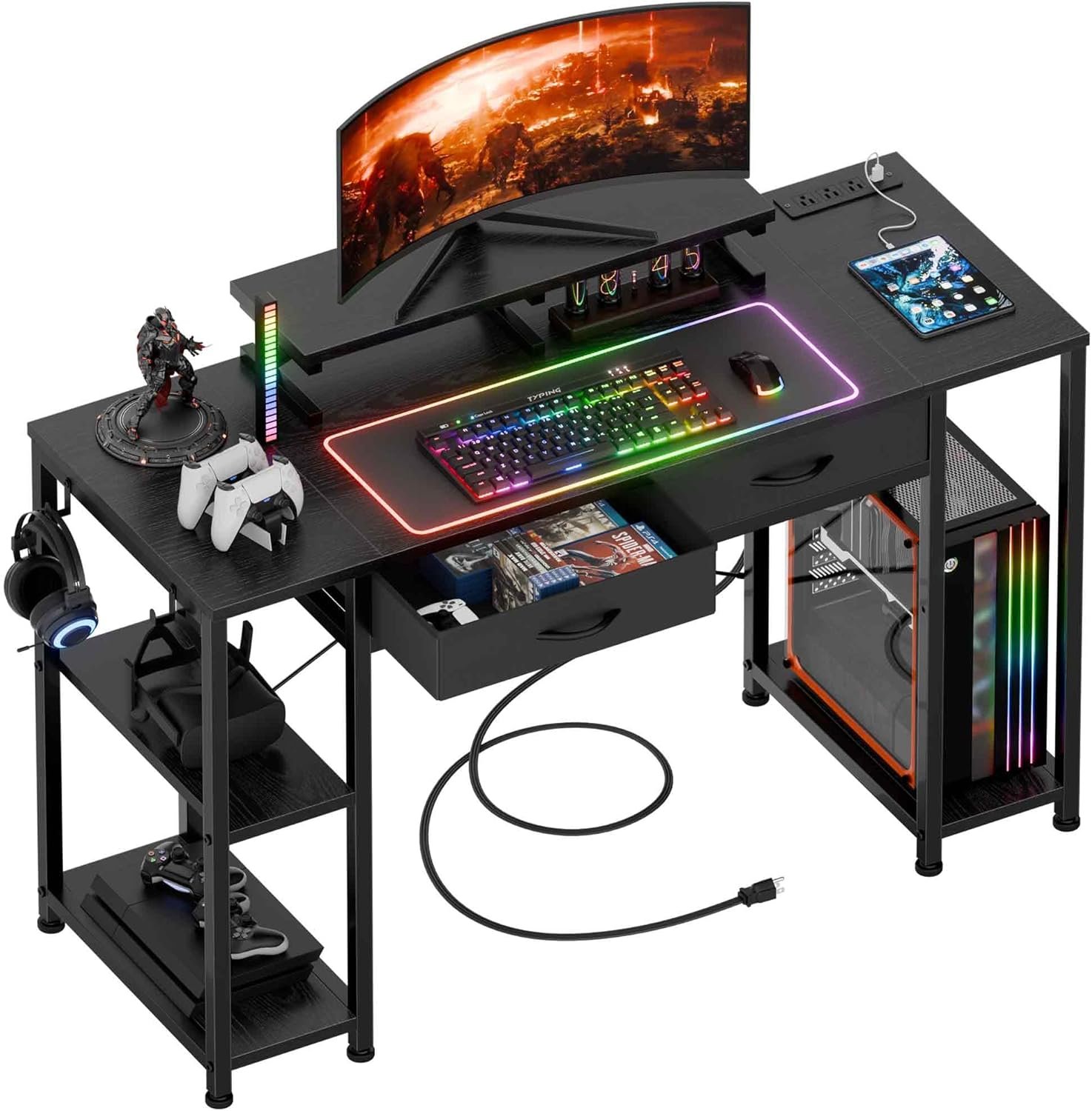 GIKPAL Gaming Desk with Drawers, 47 inch Computer Desk with Storage and Shelves