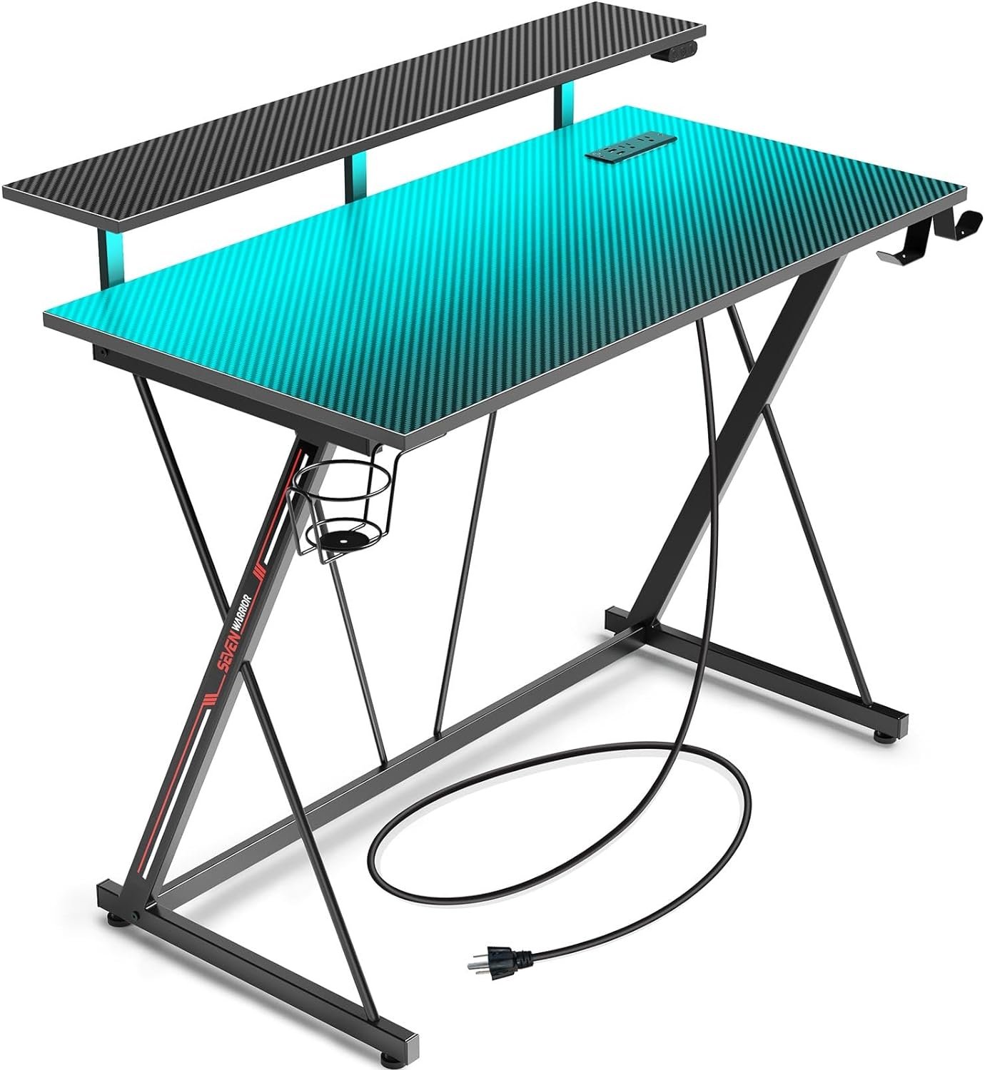 SEVEN WARRIOR Gaming Desk with LED Lights & Power Outlets