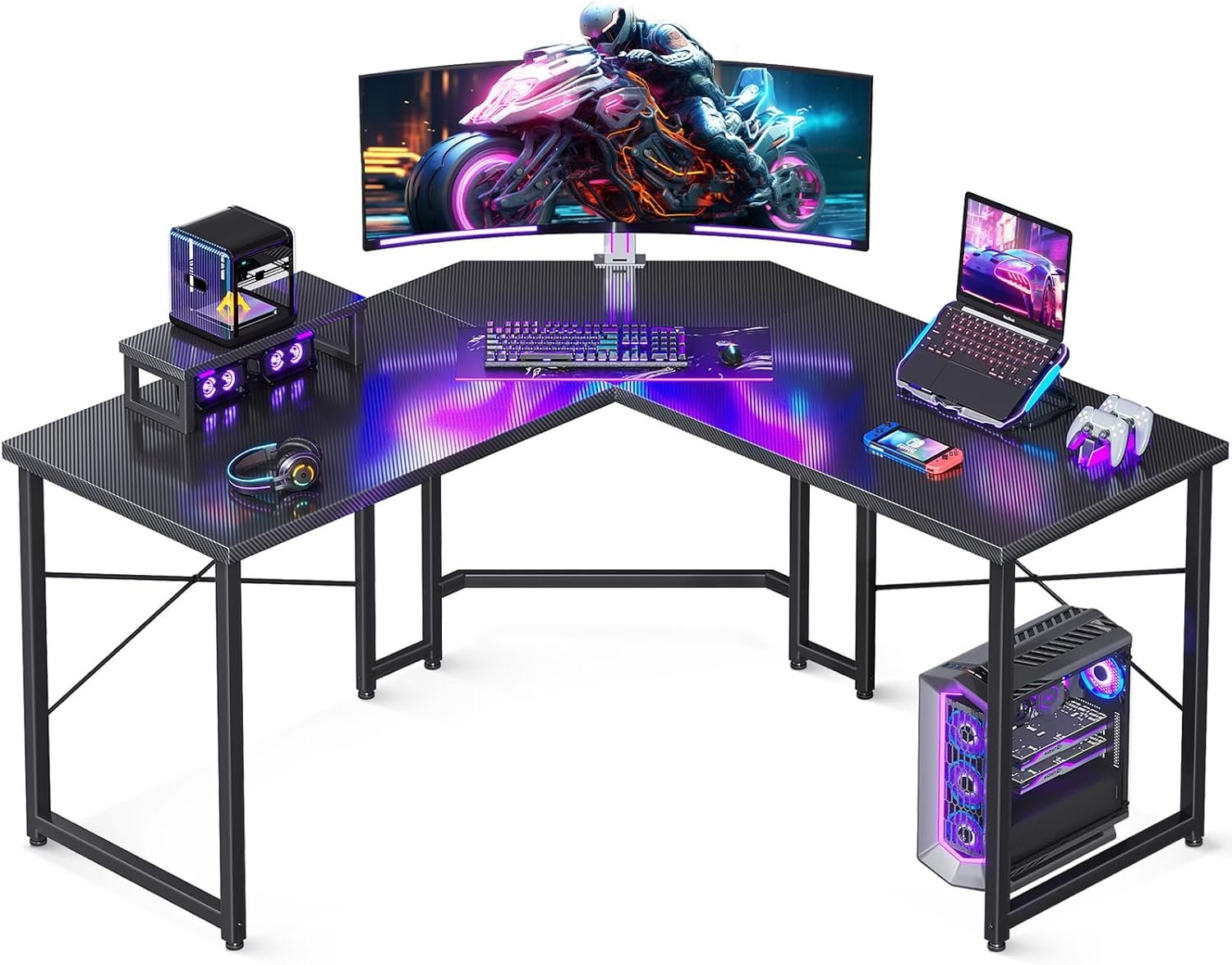 Casaottima L Shaped Gaming Desk with Monitor Stand, 51 inch, Carbon Fiber Surface, Black