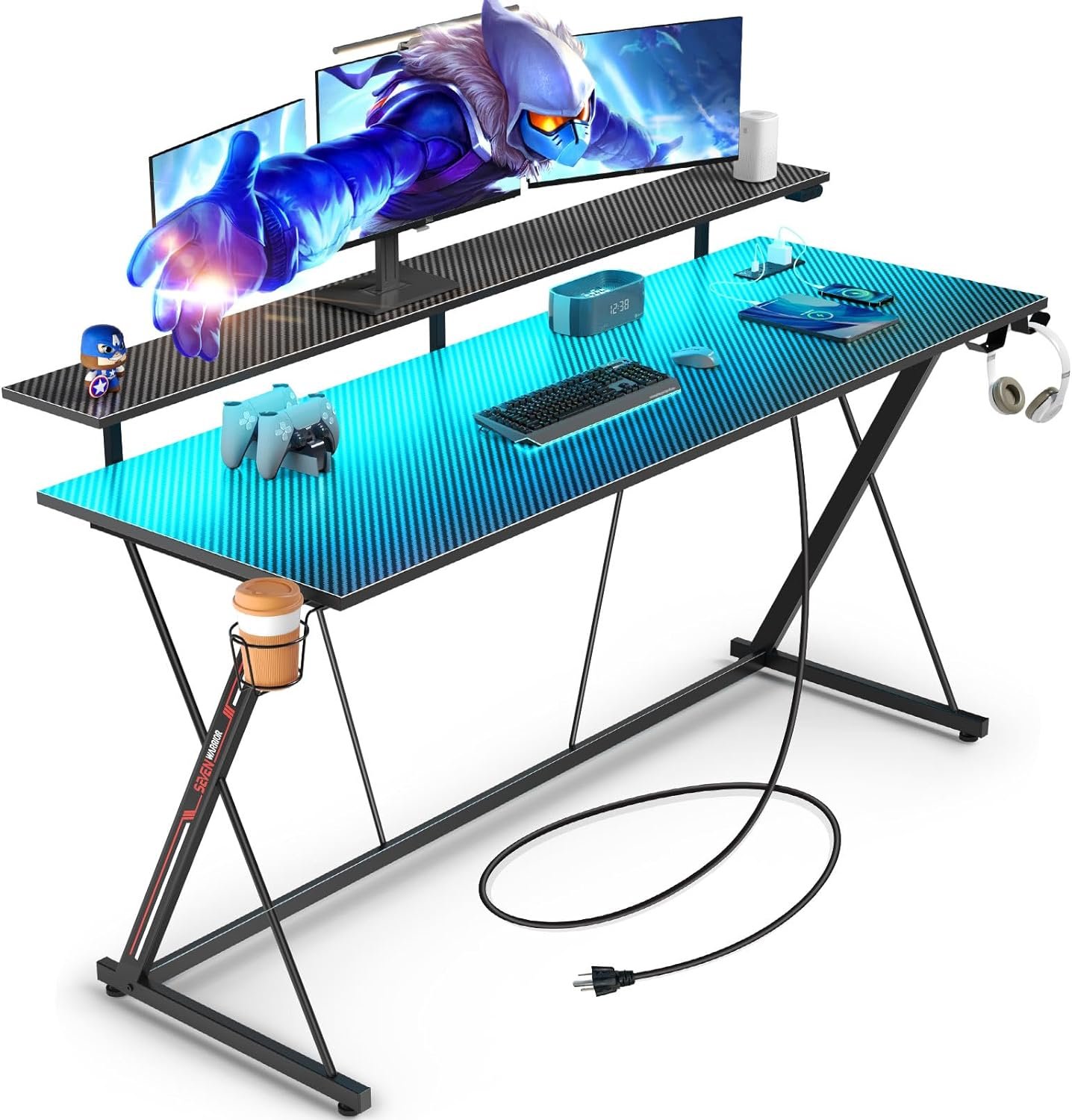 SEVEN WARRIOR Gaming Desk with LED Lights & Power Outlets