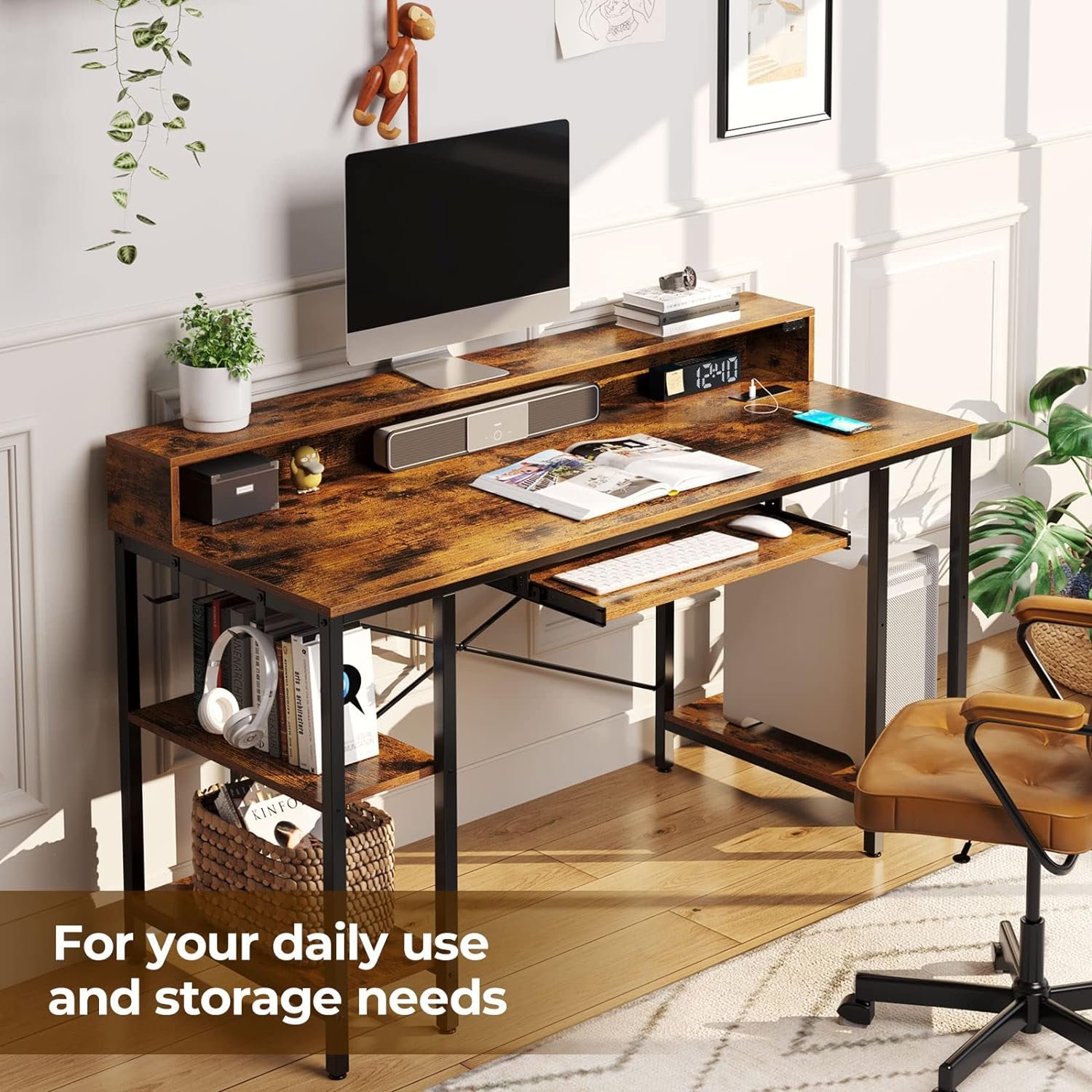 Rolanstar Computer Desk 47" with LED Lights & Power Outlets - Perfect for Gamers and Office Use, White