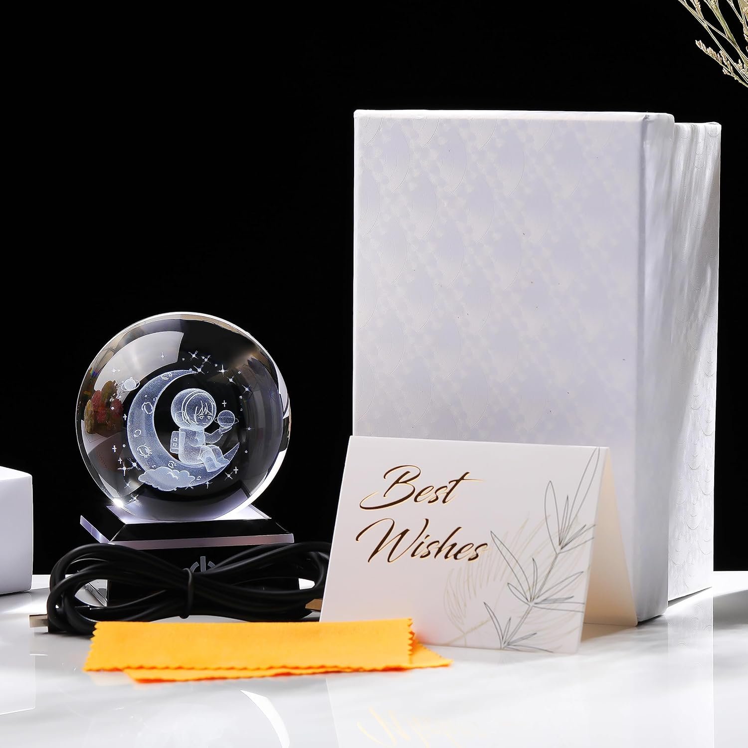 Qianwei 3D Solar System Crystal Ball 80mm 3.15" Laser Engraved Hologram with Black LED Lamp Stand