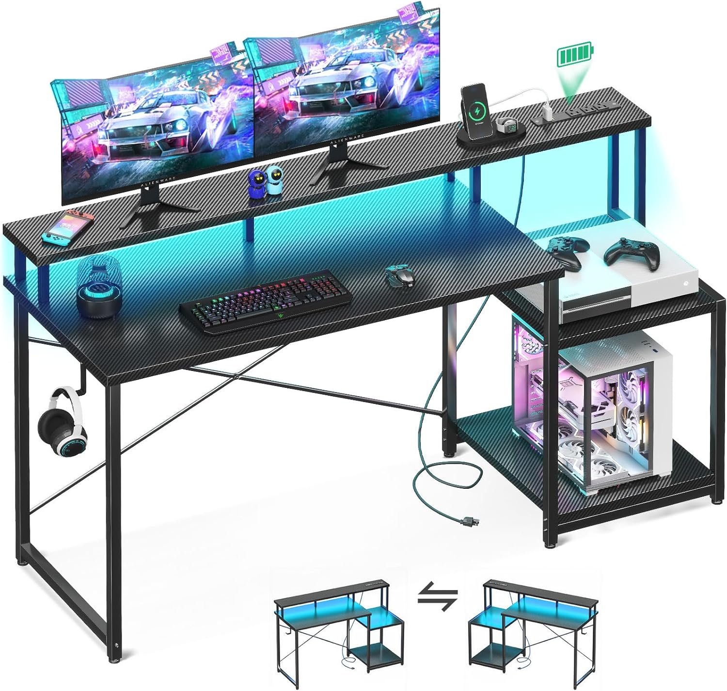 AODK Computer Desk, 56 Inch Gaming Desk with Led Lights & Power Outlet