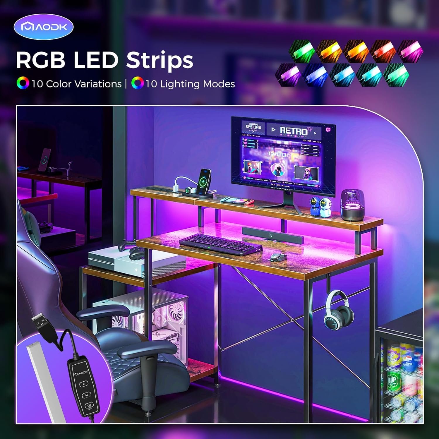 AODK Computer Desk, 56 Inch Gaming Desk with Led Lights & Power Outlet