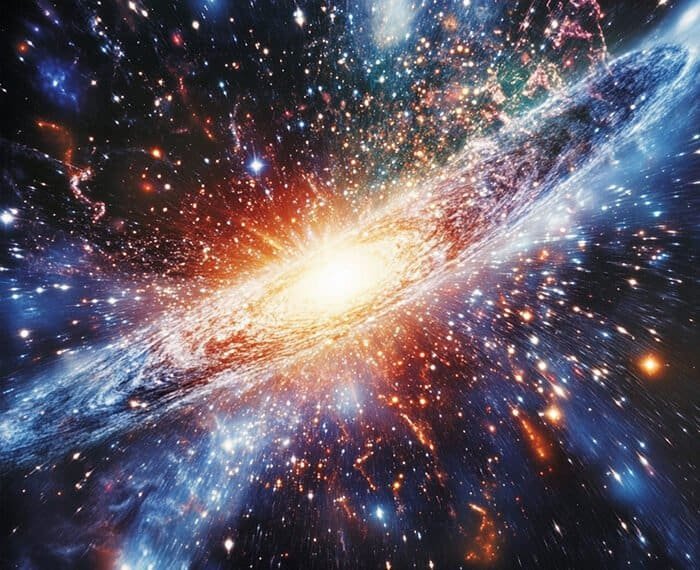 A vibrant depiction of a galaxy with a glowing core, surrounded by numerous stars and cosmic dust against a dark space background, reminiscent of the grandeur following the Big Bang.