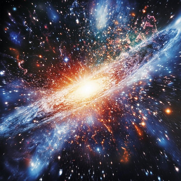 A vibrant depiction of a galaxy with a glowing core, surrounded by numerous stars and cosmic dust against a dark space background, reminiscent of the grandeur following the Big Bang.