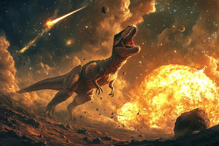 The Dinosaur-Killing Asteroid's Surprising Origins: A Rare Rock from the Outer Solar System 1 A digital illustration depicts a T. rex roaring with meteors and explosions in the background, suggesting a dramatic prehistoric scene where a dinosaur-killing asteroid from the outer solar system looms ominously.