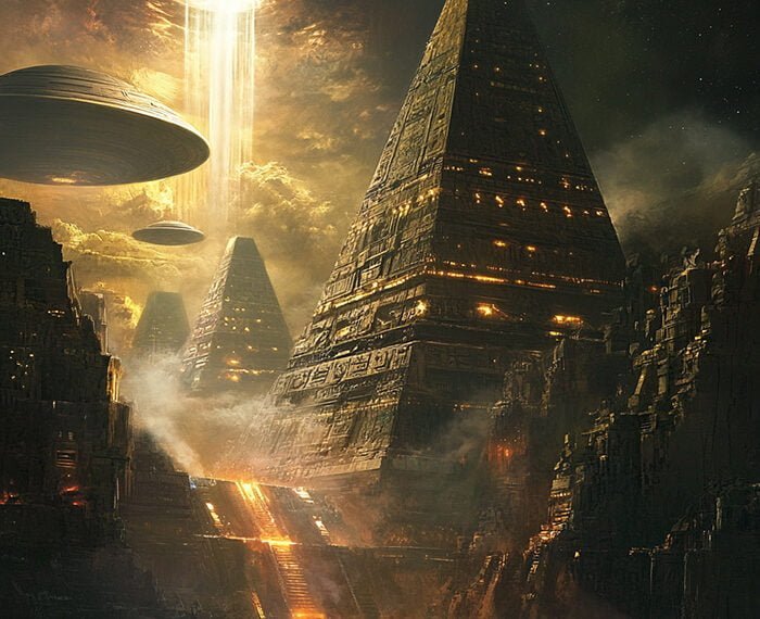 Ancient pyramids with glowing lights stand as remnants of advanced ancient civilizations, while large UFOs hover above. Beams of light stream down, casting an eerie glow on shadowy figures in the foreground under a dark sky, hinting at extraterrestrial life.
