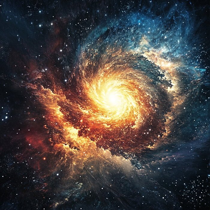 A vivid image of a spiral galaxy with a bright central core, surrounded by swirling clouds of orange, yellow, and blue nebulae against a backdrop of deep space and stars, hinting at the enduring echoes of the Big Bang.