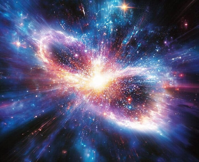Colorful cosmic explosion resembling the Big Bang, with a bright central light surrounded by swirling blue, purple, and orange nebulae, stars, and sparkles in space.