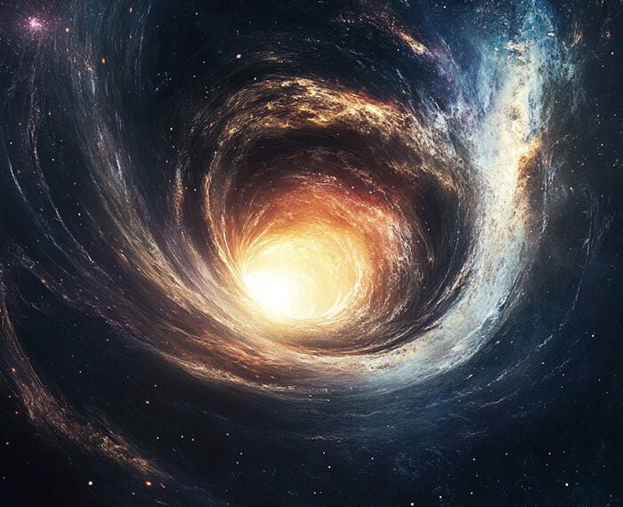 A bright golden light at the center of a swirling, colorful cosmic vortex, surrounded by stars and nebulae in space, hints at the presence of a black hole lurking nearby.