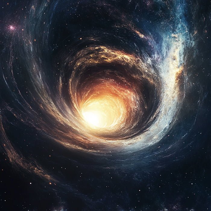 A bright golden light at the center of a swirling, colorful cosmic vortex, surrounded by stars and nebulae in space, hints at the presence of a black hole lurking nearby.