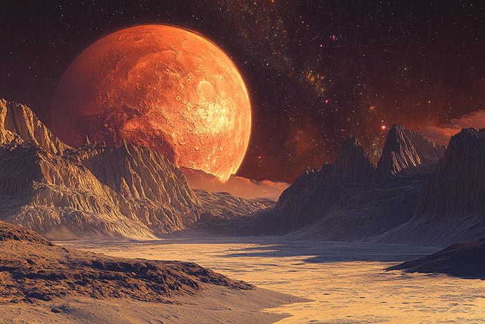 A large, red planet dominates the sky over a jagged, rocky landscape with a hazy atmosphere and a star-filled background.