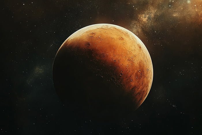 Image of a planet with a reddish-brown surface, illuminated partially from the right side, set against a dark space background.