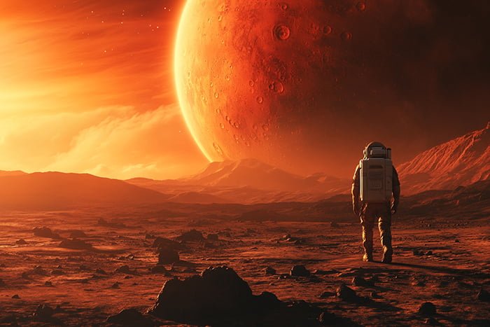 An astronaut in a spacesuit walks on a rocky, red terrain beneath a large, glowing red planet in the sky.