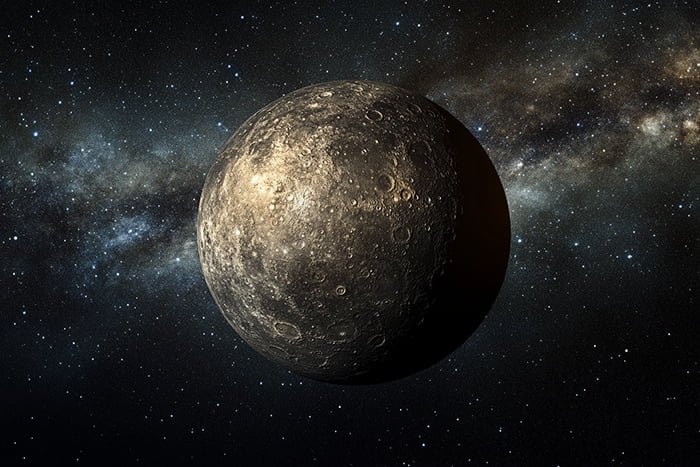 A detailed image of Mercury, vividly showcasing its cratered surface against the expansive backdrop of space and the striking beauty of the Milky Way galaxy.