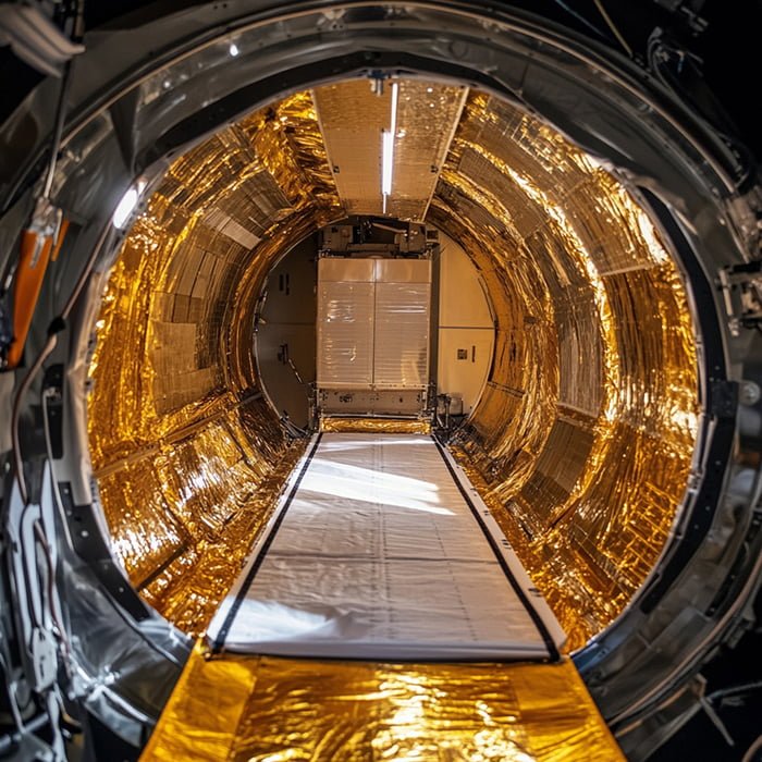 Interior view of a modern spacecraft module with gold insulating material lining the walls and a central walkway leading to a closed door at the end, reminiscent of the technology used in NASA's Roman Space Telescope and its advanced Sunshield.