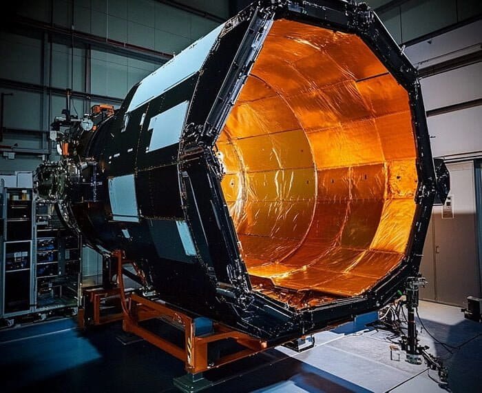 A large satellite or space telescope with a reflective interior and black exterior structure is positioned inside an industrial facility, equipped with a sophisticated sunshield designed by NASA.