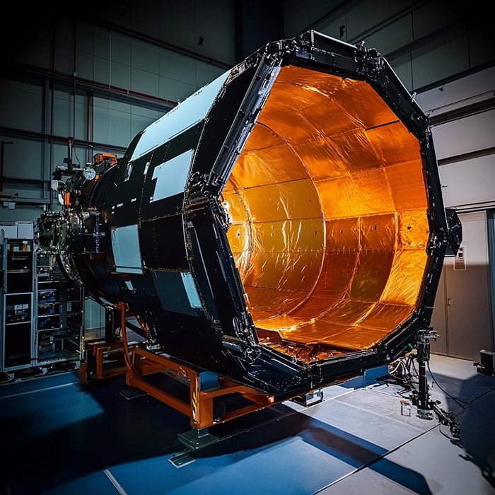 A large satellite or space telescope with a reflective interior and black exterior structure is positioned inside an industrial facility, equipped with a sophisticated sunshield designed by NASA.