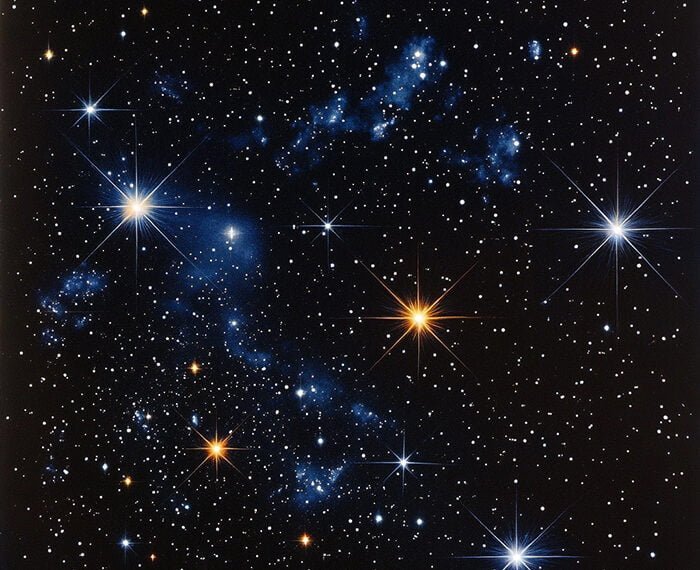 A star-filled night sky with prominent blue and orange stars among smaller stars, faint wisps of interstellar clouds, and 12 constellations subtly illuminating the cosmos.