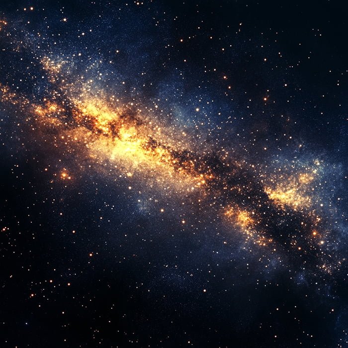 A vast, bright, golden and blue galaxy stretches across the dark expanse with numerous twinkling stars as its backdrop.