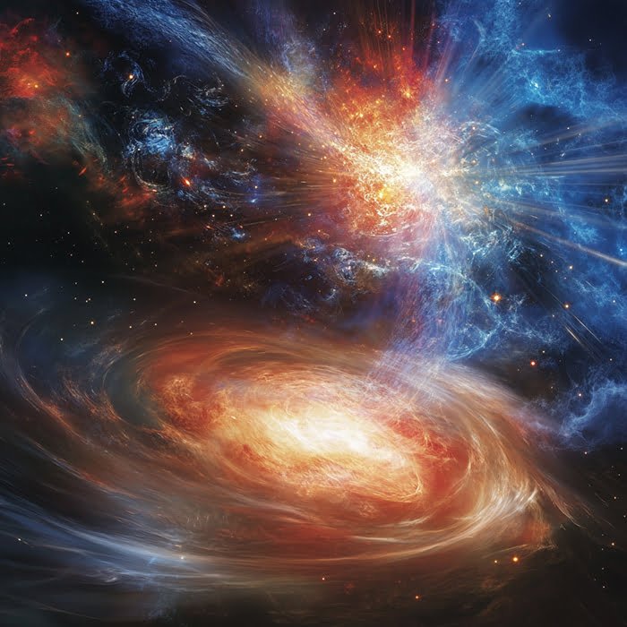 A vivid depiction of a cosmic explosion akin to the Big Bang, with bright, swirling colors of red, orange, blue, and white, representing a dynamic and energetic space scene.