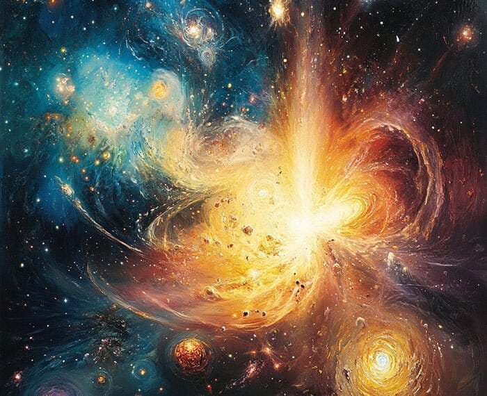 A vibrant cosmic scene showcasing swirling galaxies, glowing nebulae, and clusters of stars in blue, yellow, and orange hues against the dark backdrop of space, hinting at the vast aftermath of the Big Bang.