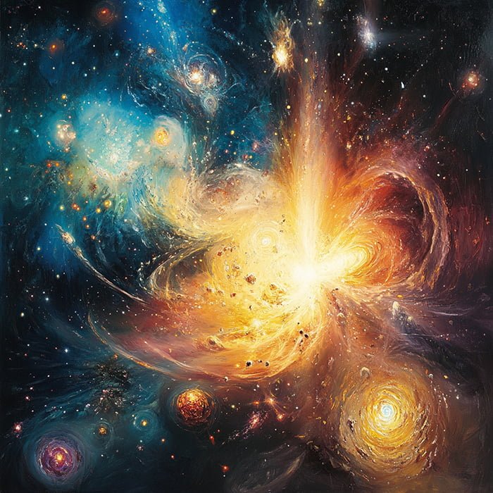 A vibrant cosmic scene showcasing swirling galaxies, glowing nebulae, and clusters of stars in blue, yellow, and orange hues against the dark backdrop of space, hinting at the vast aftermath of the Big Bang.