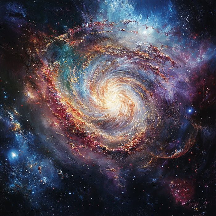 A bright, colorful spiral galaxy with a luminous center, surrounded by star clusters and nebulae in outer space, showcasing the grandeur that emerged after the Big Bang.