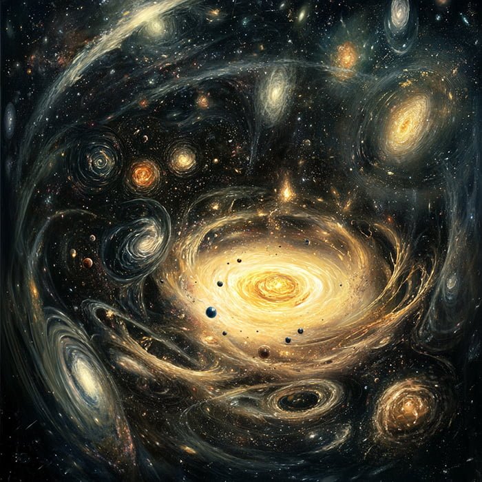 A cosmic scene depicting swirling galaxies, stars, and celestial bodies in vibrant colors forms a spiral pattern against a dark space backdrop, evoking the aftermath of the Big Bang.