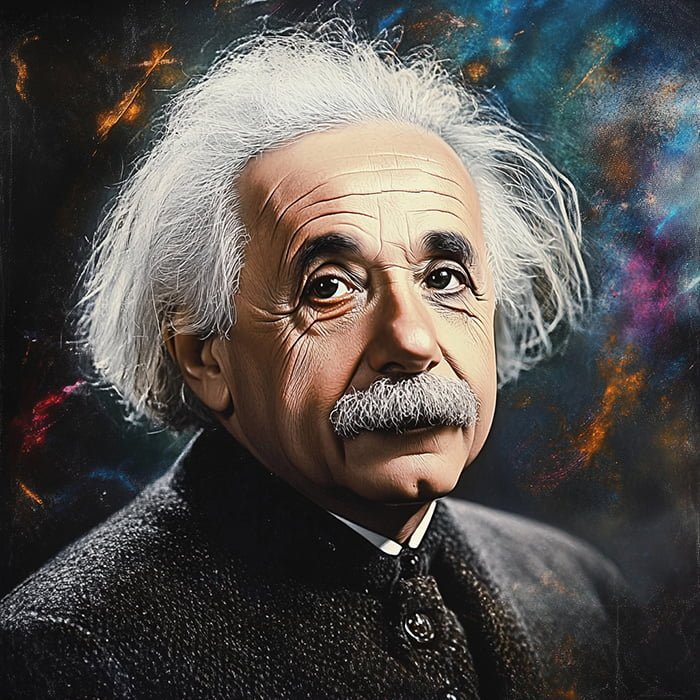 A portrait of an elderly man with wild white hair and a mustache, wearing a dark coat, set against a colorful, abstract space background.