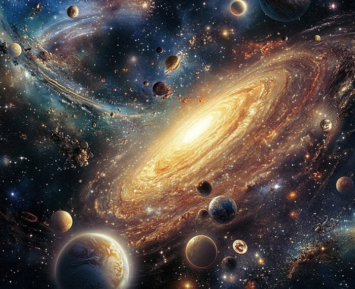 An artist's depiction of a galaxy with numerous planets, stars, and cosmic dust swirling around a bright center in the vast expanse of space.