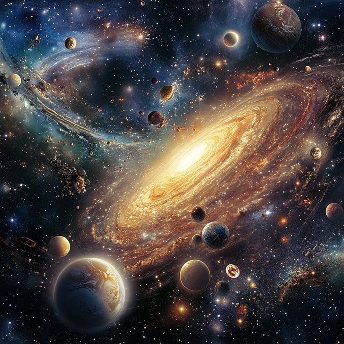 An artist's depiction of a galaxy with numerous planets, stars, and cosmic dust swirling around a bright center in the vast expanse of space.