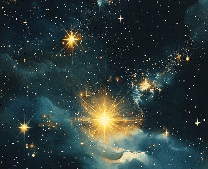 An illustration depicting a star-filled night sky with several bright stars and glowing cosmic clouds, capturing the serene beauty of a starlit evening.