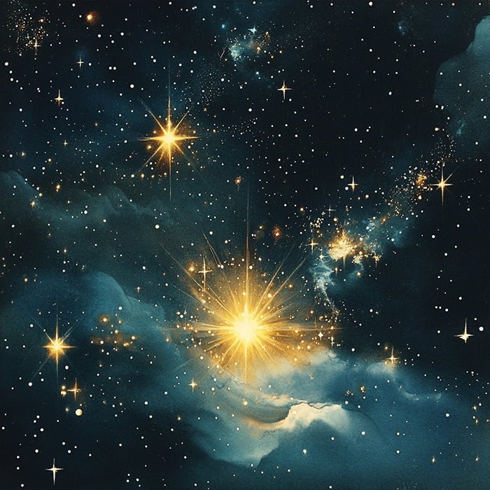 An illustration depicting a star-filled night sky with several bright stars and glowing cosmic clouds, capturing the serene beauty of a starlit evening.