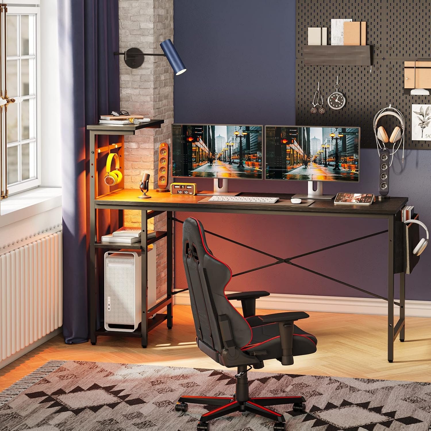 Bestier Gaming Desk with Power Outlets, 61 Inch Large Led Gamer Desk with 4 Tiers Reversible Shelves, PC Gaming Table with Headset Hook Side Storage Bag for Bedroom (White 3D Carbon Fiber)