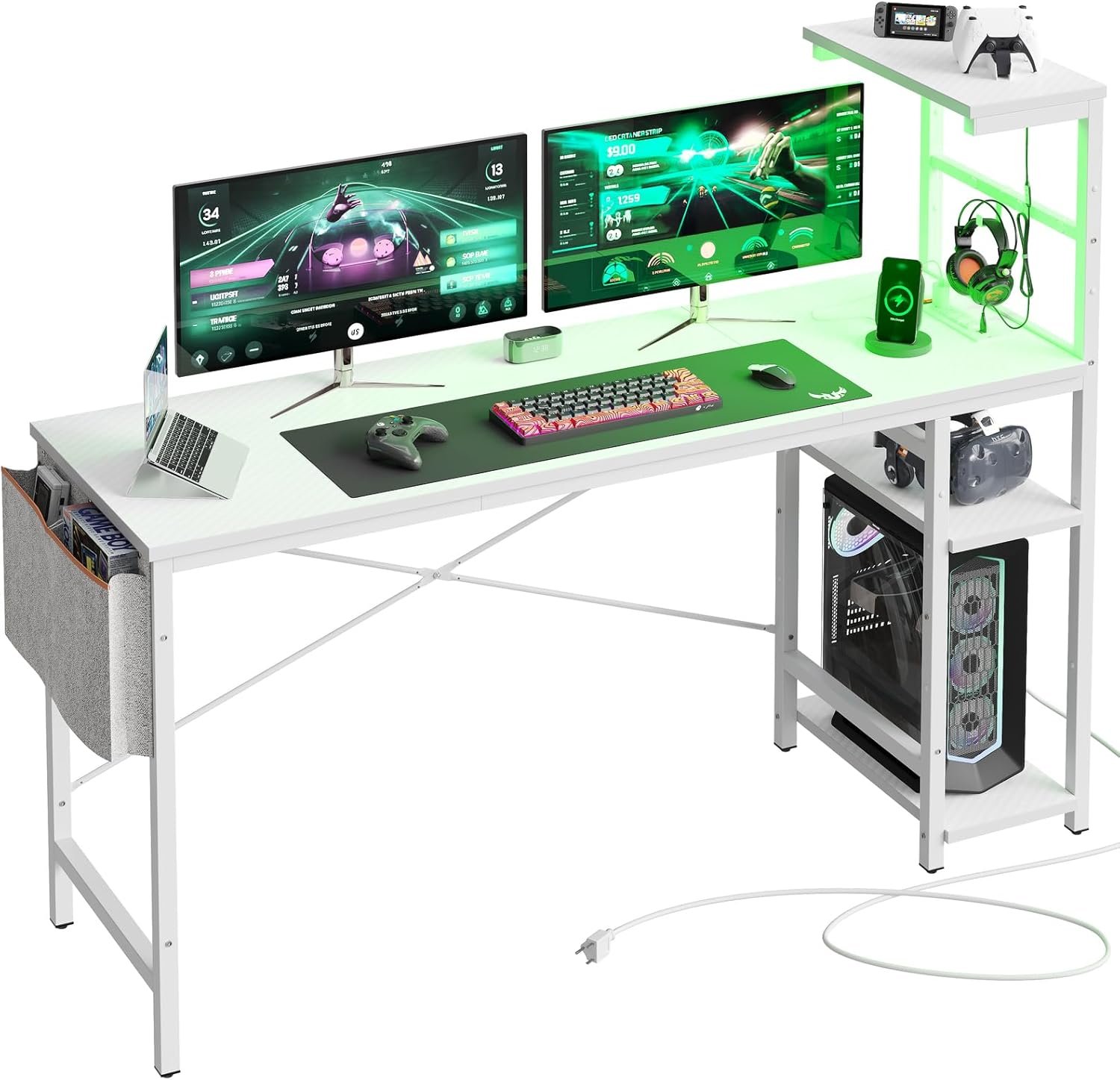 Bestier Gaming Desk with Power Outlets, 61 Inch Large Led Gamer Desk with 4 Tiers Reversible Shelves, PC Gaming Table with Headset Hook Side Storage Bag for Bedroom (White 3D Carbon Fiber)