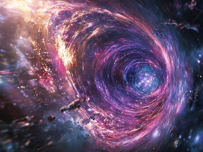 A colorful and swirling galaxy with bright stars and nebulae, resembling a vortex or wormhole in space, stands as one of the universe's grandest mysteries.