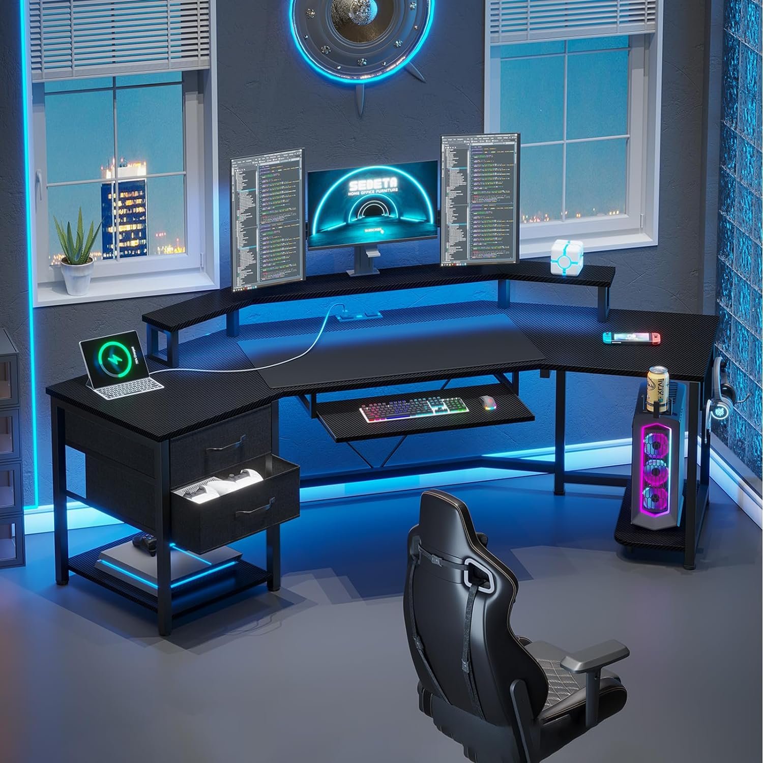 SEDETA 79 Gaming Desk, Computer Desk with 2 Fabric Drawers LED Light, L Shaped Gaming Desk with Storage Shelf for Home Office, Carbon Fiber Black