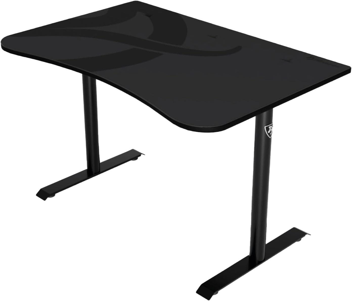 A black, minimalist desk with a curved edge and dual metal legs.