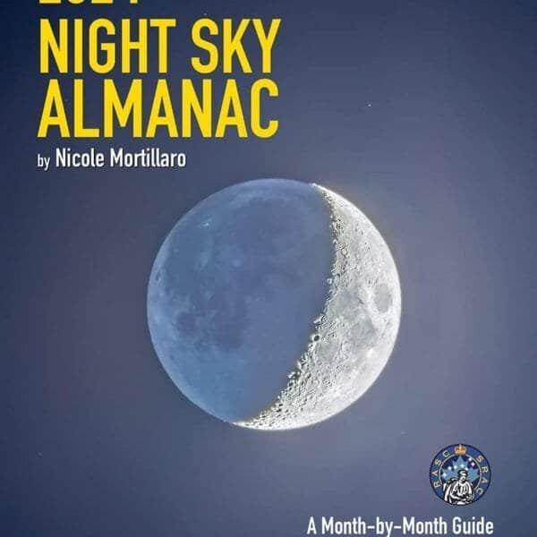 Cover of "2024 Night Sky Almanac" by Nicole Mortillaro, featuring a detailed image of a waxing crescent moon against a dark sky, with a logo of The Royal Astronomical Society of Canada at the bottom.