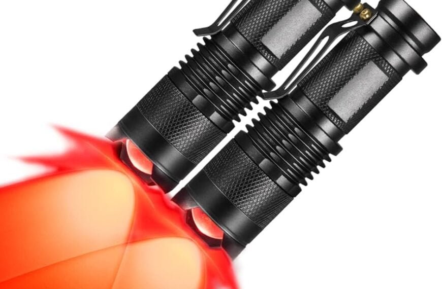 Two black flashlights emitting bright red light side by side against a white background.