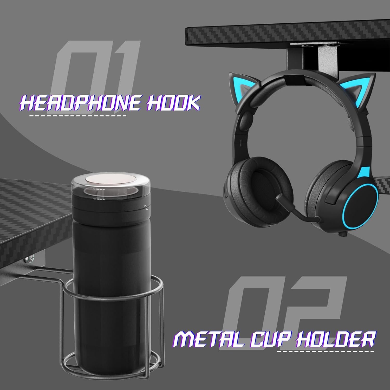 A headphone hook and metal cup holder attached to a desk, holding a pair of headphones with illuminated cat ears and a cylindrical container, respectively.