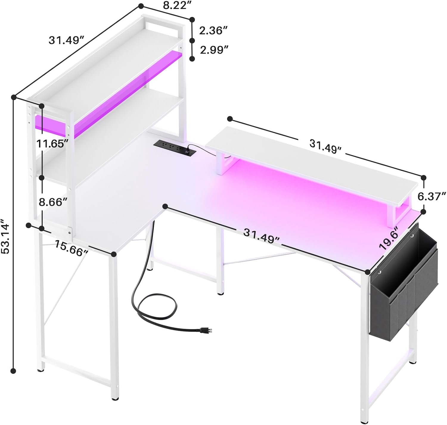 An L-shaped white desk with black storage bin and shelves, dimensions marked, and LED lit shelves. Desk has multiple measurements, organizers, and a power cord.