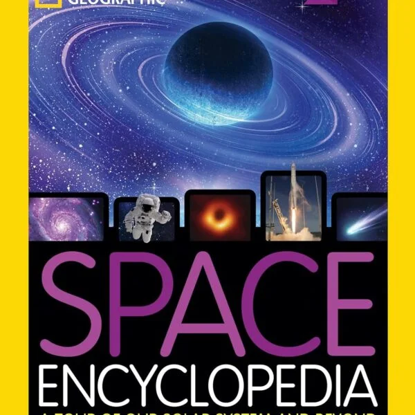 Cover of "Space Encyclopedia" by David A. Aguilar, featuring images of space phenomena and missions against a colorful cosmic background. National Geographic logo and "2nd Edition" label at the top.