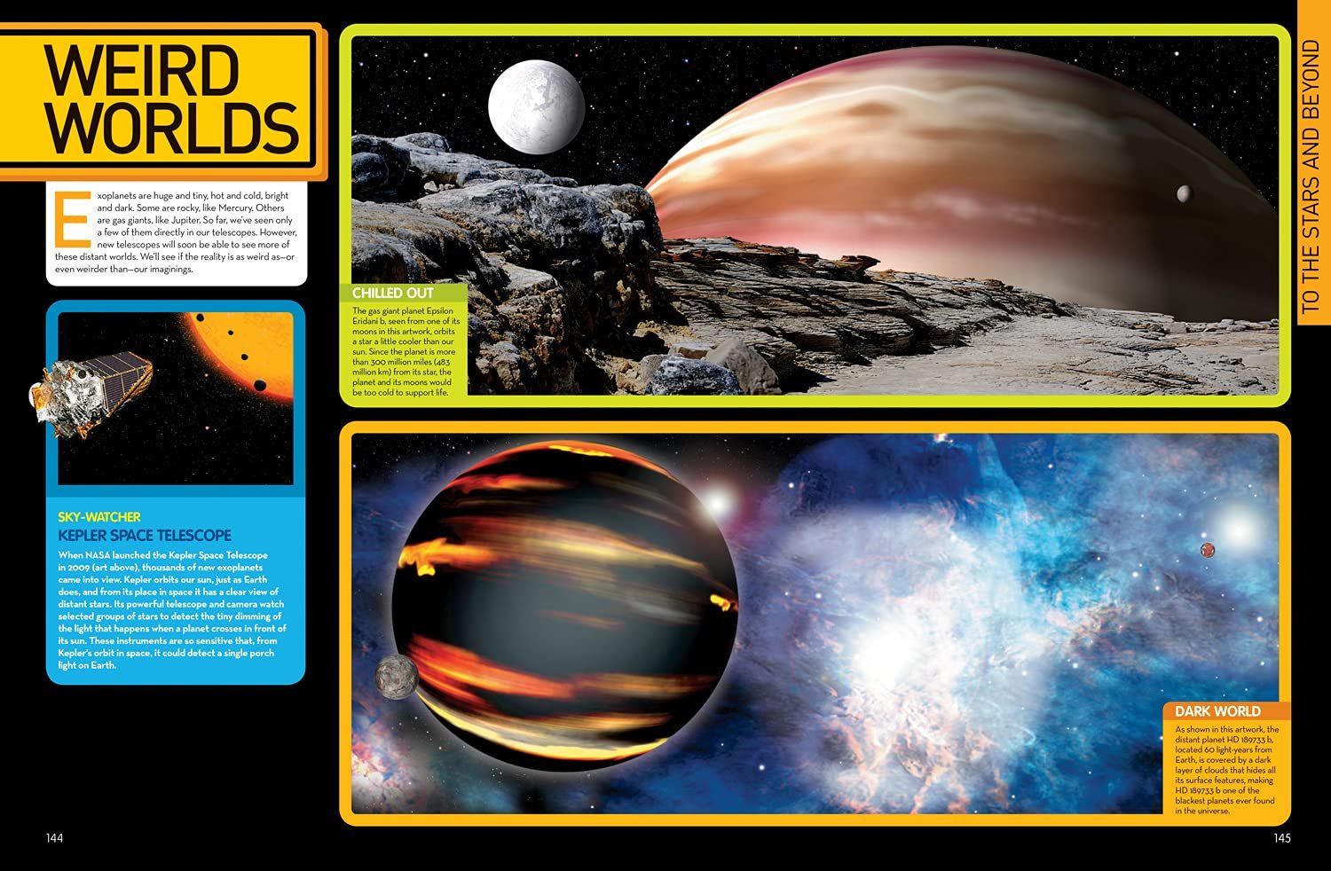 A spread showing images and descriptions of unusual worlds in space, including an icy moon, a lava-like planet, and a dark planet. There is also an image of the Kepler Space Telescope.