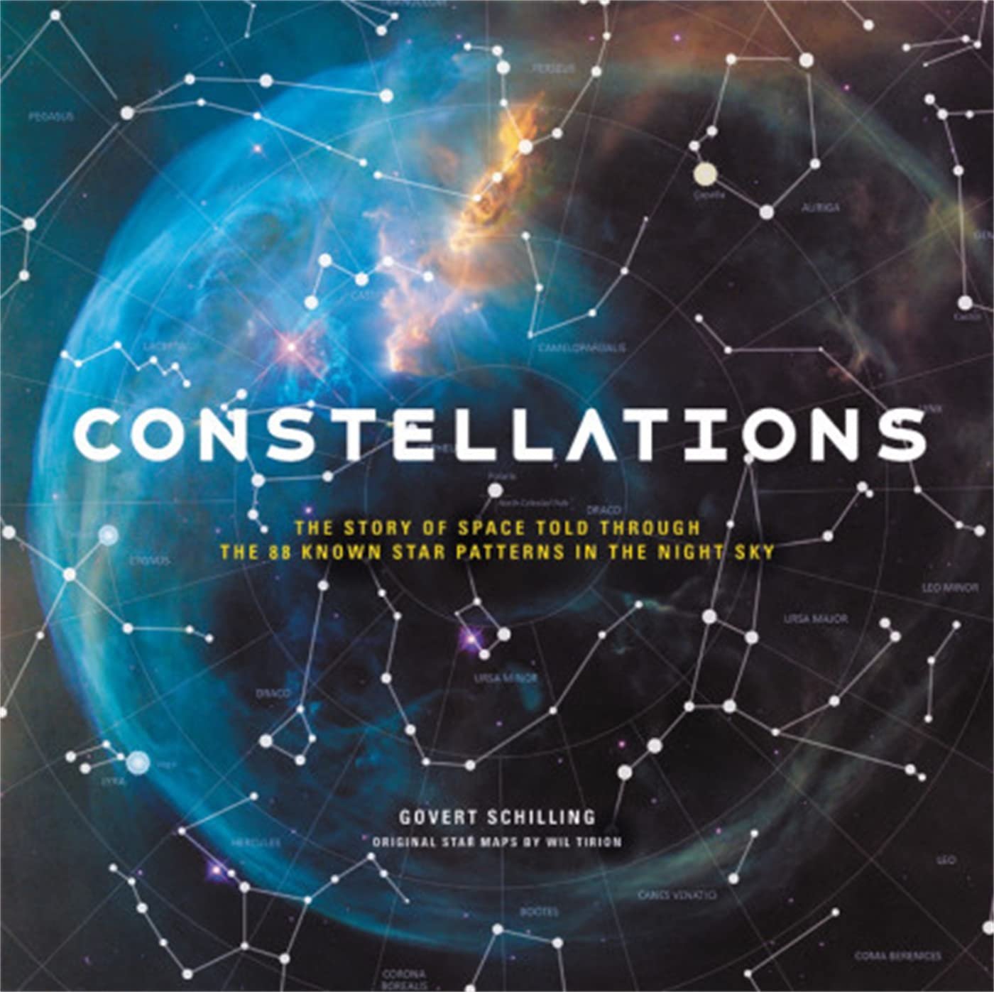 Cover of the book "Constellations" by Govert Schilling featuring star maps and the title text against a background of the cosmos.