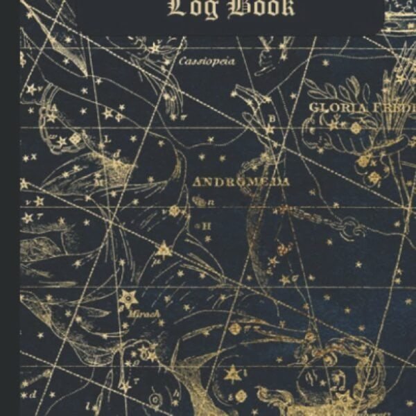 A dark blue cover of an "Astronomy Log Book" featuring a vintage star chart with constellations and celestial illustrations in gold.